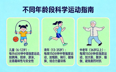 不同年龄段科学运动指南示意图 - 儿童、青年、中老年运动建议