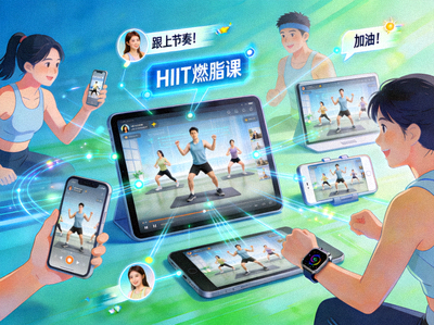 线上体育社区成员通过智能设备进行虚拟健身课程互动