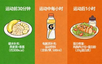 运动前后营养补充示意图 - 健康餐食与运动饮料
